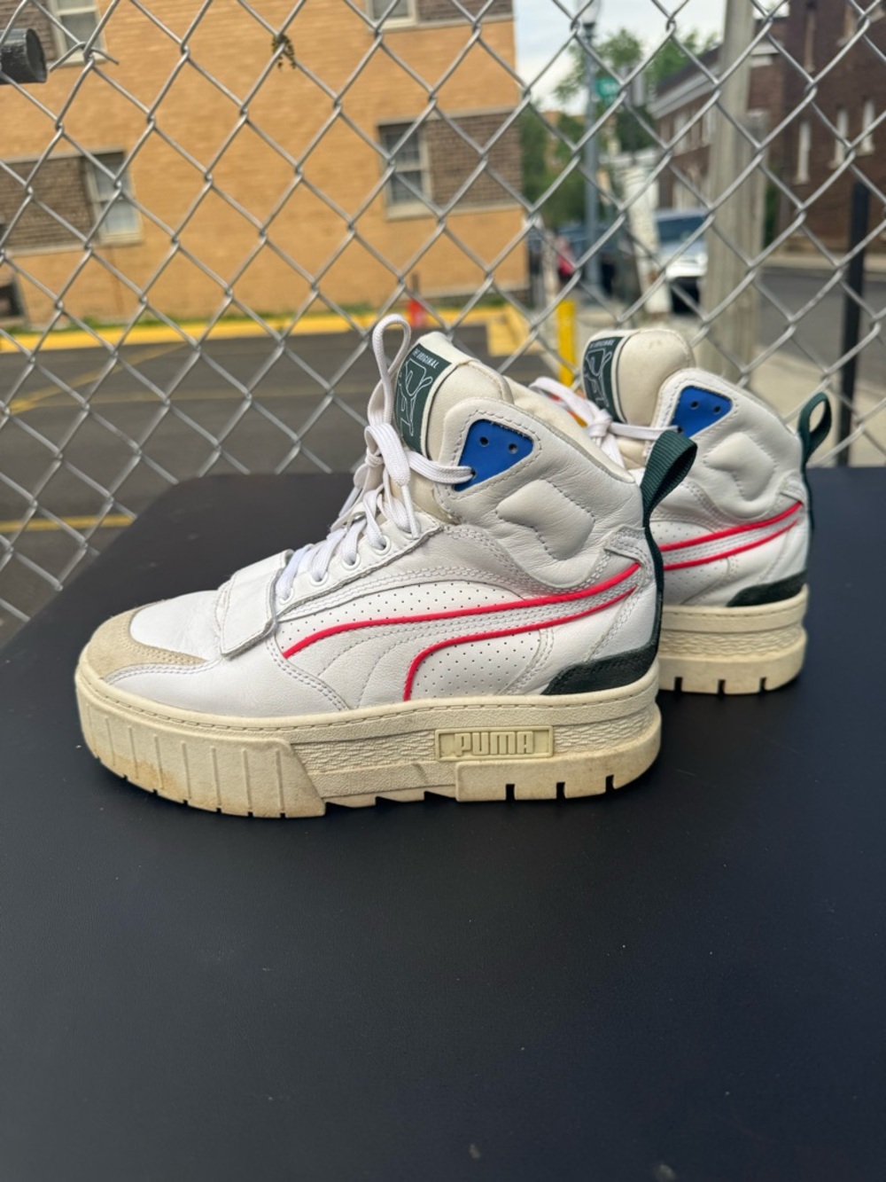 Puma White High-Top Sneakers with Pink Stripe and Blue Accents